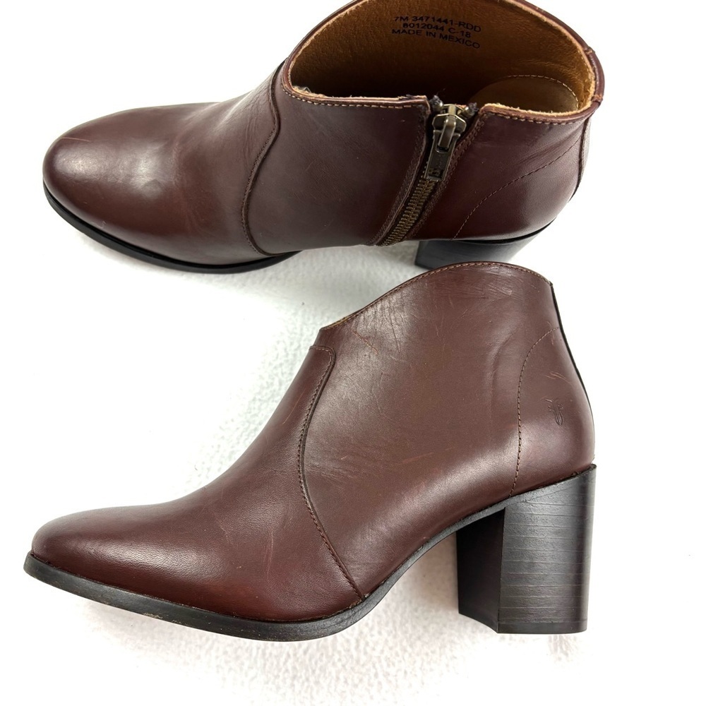 Frye Nora Chestnut Leather Stacked Heel Zip Ankle Moto Western Boots Size 7 - Picture 2 of 11